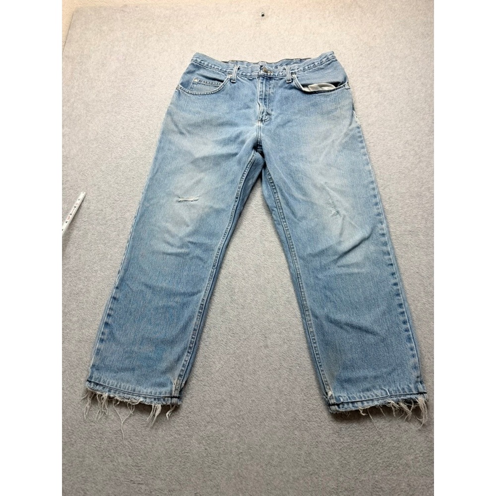 Wrangler Regular Fit Straight Leg Jeans Mens 34x30 Light Wash Distressed Frayed
